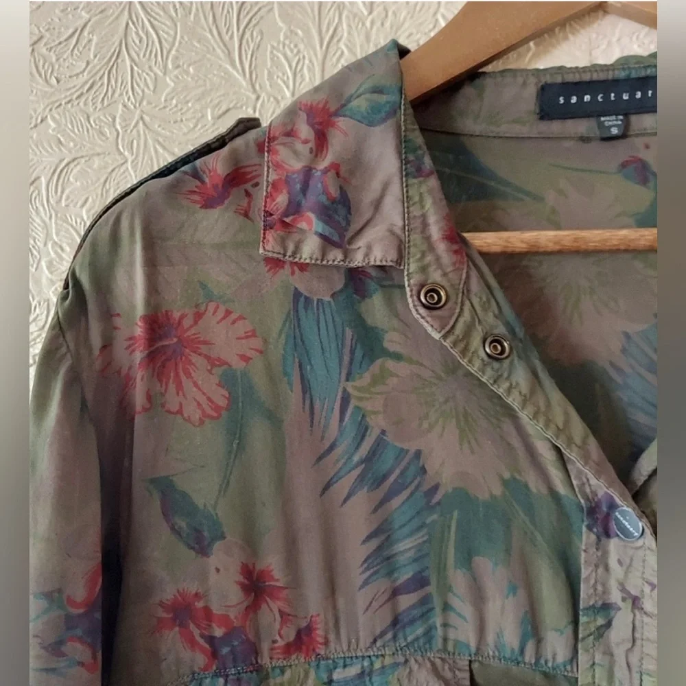 Sanctuary green floral snap front shirt long sleeve tunic top oversized Sz small - Picture 4 of 11